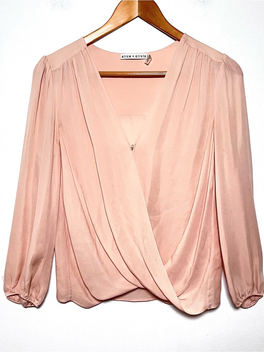 Alice and Olivia Silk Top Size Small Pink Blush Surplice Long Sleeve
